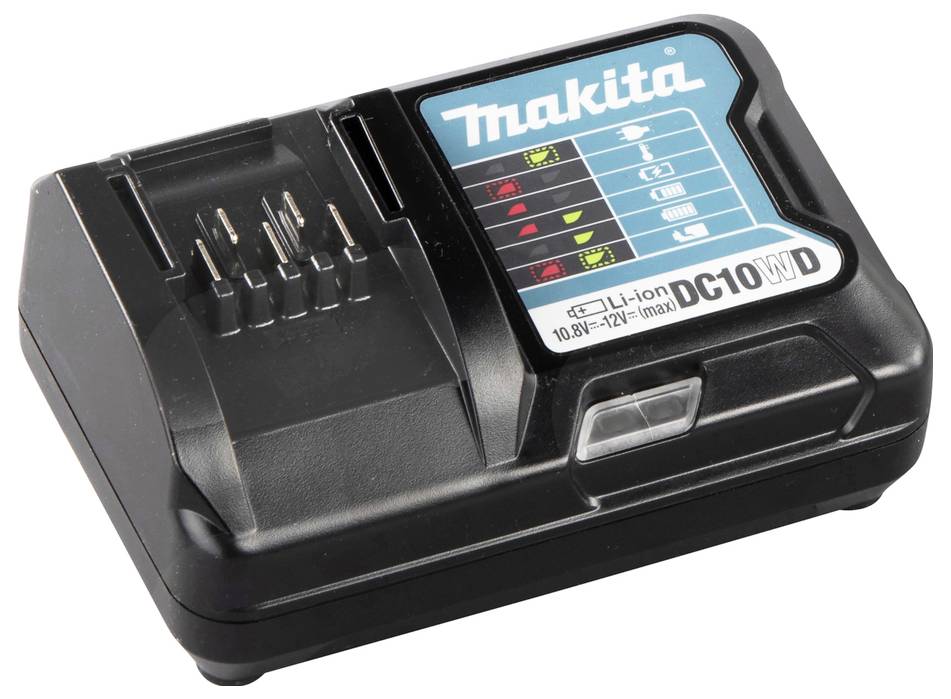 Črn Makita polnilec baterij z oznako 'DC10WD' za litij-ionske baterije 10,8V-12V, opremljen z indikatorskimi lučkami za status baterije.