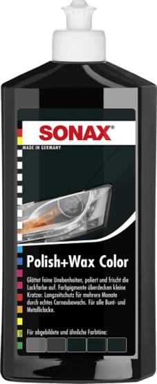'SONAX Polish+Wax Color' avtovosek v steklenici z nemškim besedilom. Obljublja sijaj in zaščito za vse barve laka ter naznanja 'Narejeno v Nemčiji'.
