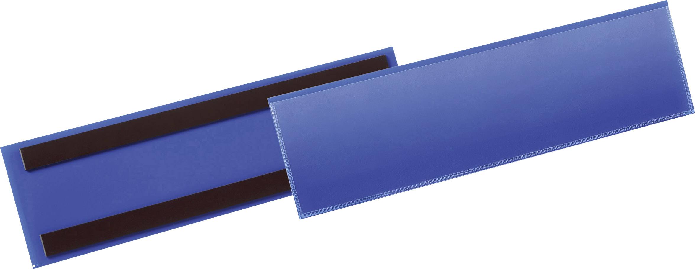 Dva modra imetnika tablice z imenom iz plastike s črnim magnetnim trakom na zadnji strani, namenjeni pritrjevanju na kovinske površine.