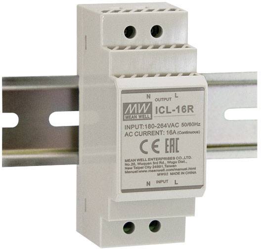Ločevalni filter ICL-16R, nameščen na DIN letev, z oznako vhodne in izhodne napetosti 180-264VAC, tok 16A.
