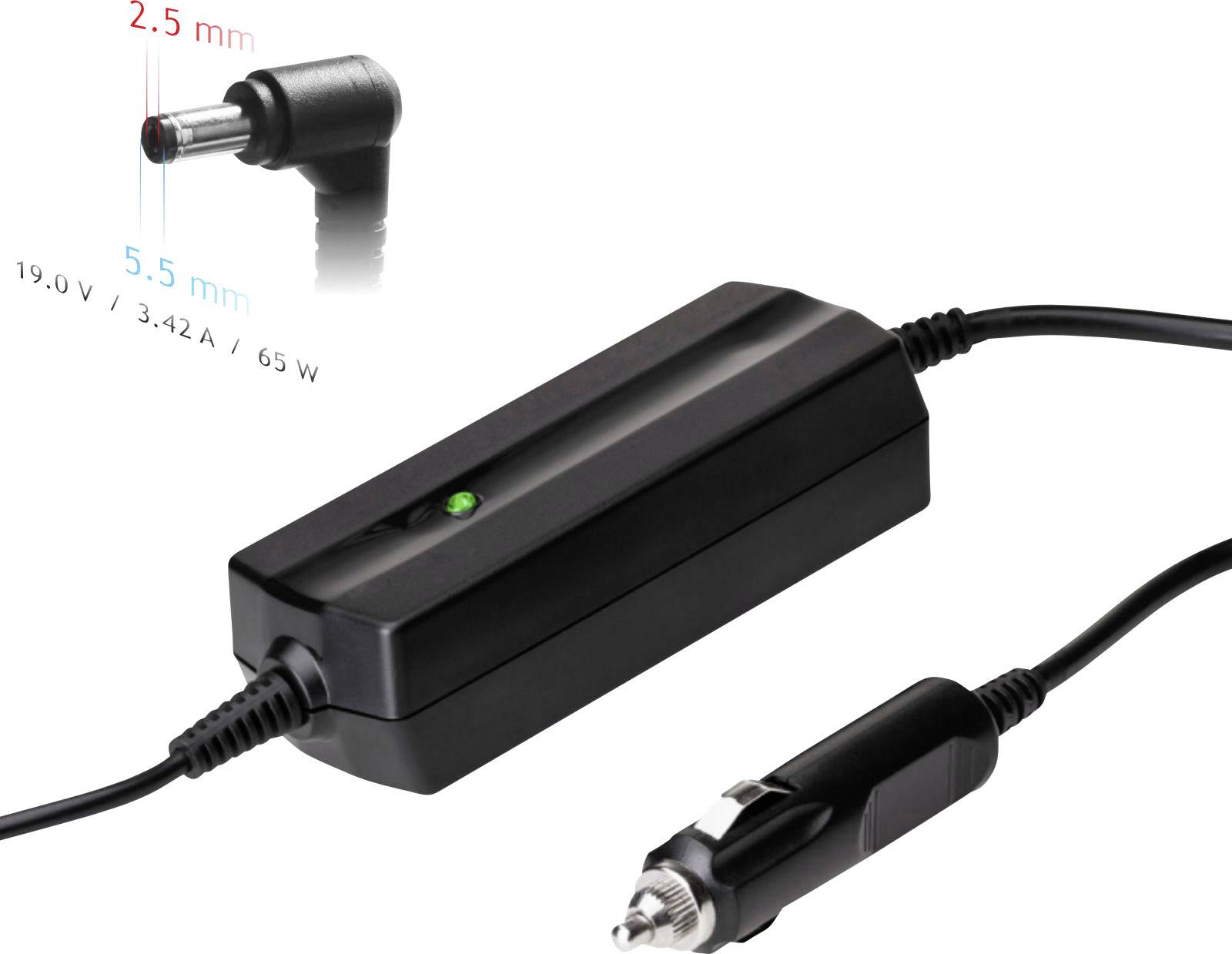 Črno-sijoč laptop napajalnik z okroglim vtičem (notranji premer 2,5 mm, zunanji premer 5,5 mm), primeren za 19 V, 3,42 A, 65 W.