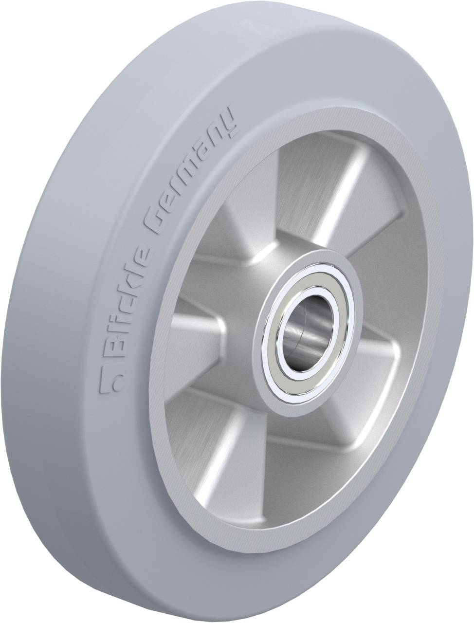Sivo plastično kolo s centralnim kroglničnim ležajem in vgraviranim logotipom 'Effbe Germany' na strani.