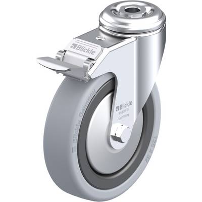 Kovalno kolo s sivo gumo in zavoro. Označeno z 'Blickle made in Germany'. Primerno za industrijske aplikacije.