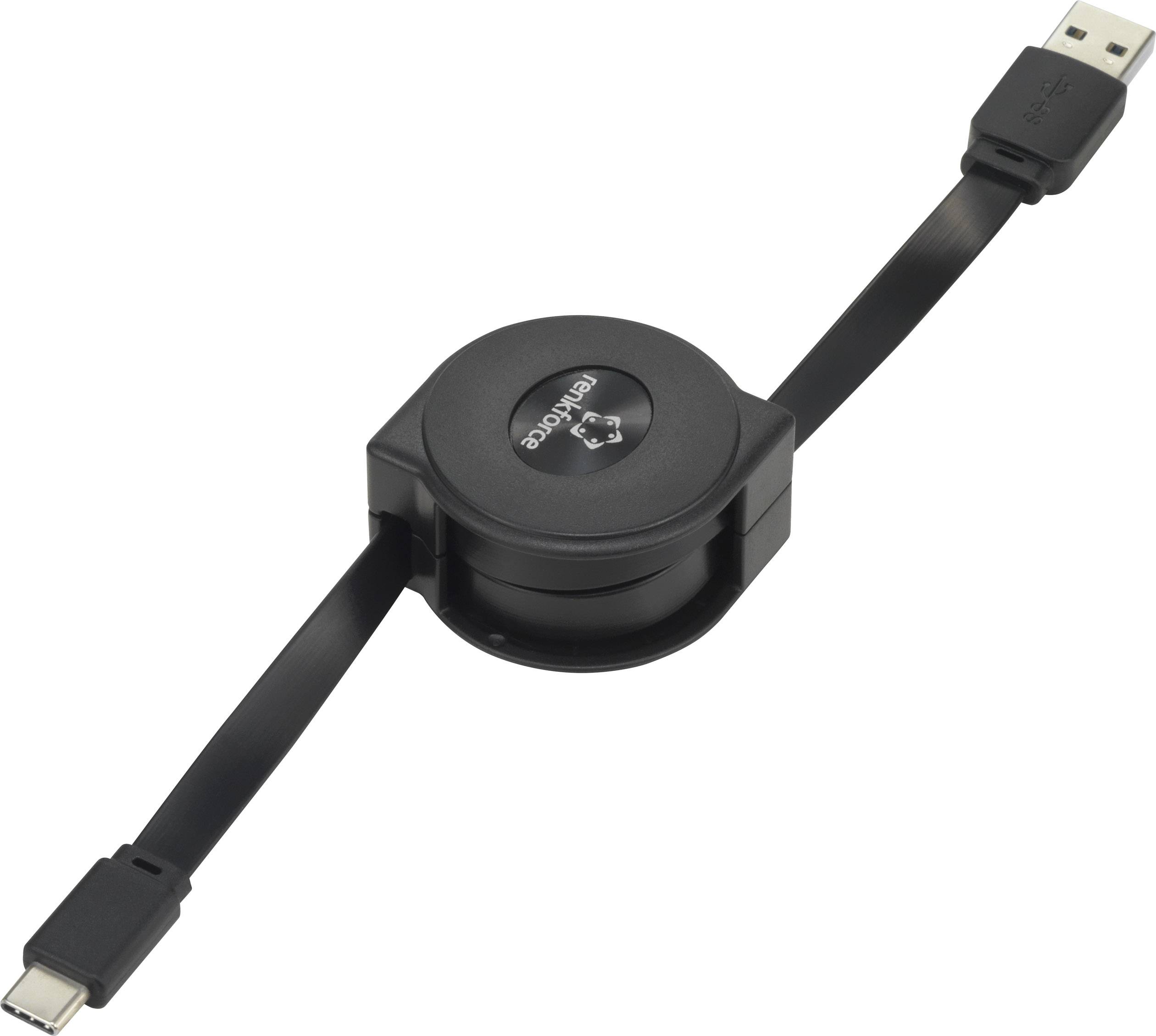 Črn zložljiv USB-kabel z USB-A in USB-C priključkoma; primeren za polnjenje ali prenos podatkov.