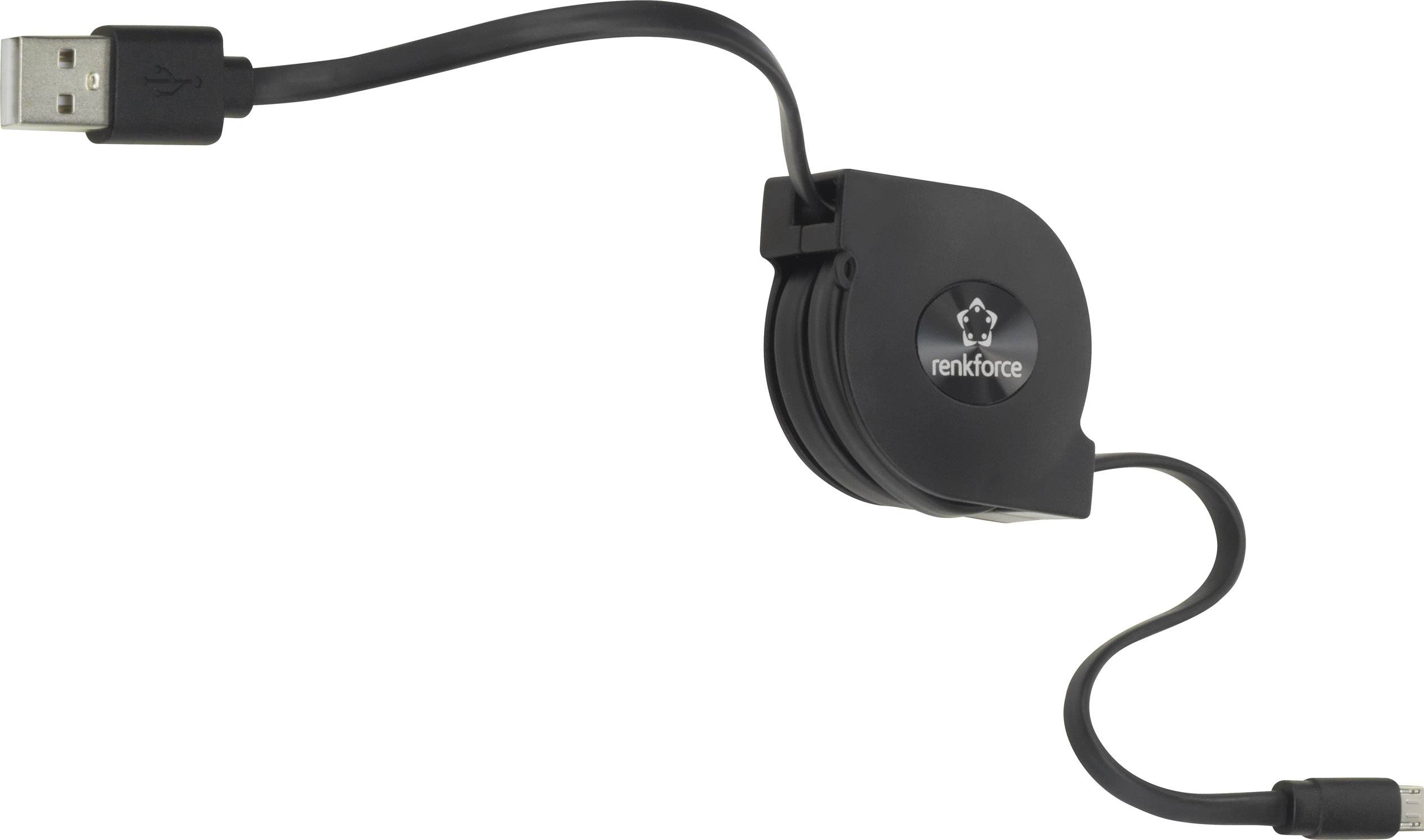 Črn, zvitljiv USB kabel znamke Renkforce, primeren za povezovanje USB naprav, prostornsko varčen dizajn.