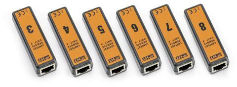 Šest oranžnih omrežnih identifikatorjev z črnimi številkami od 3 do 8, opremljenih z ethernet priključkom na enem koncu.