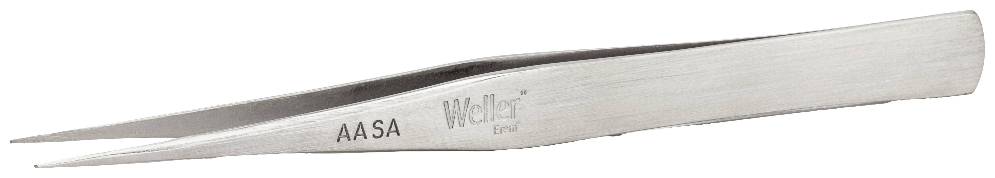 Koničasta pinceta iz nerjavečega jekla z napisom 'AASA' in 'Weller', ki se pogosto uporablja za natančna dela v elektroniki ali obrtništvu.