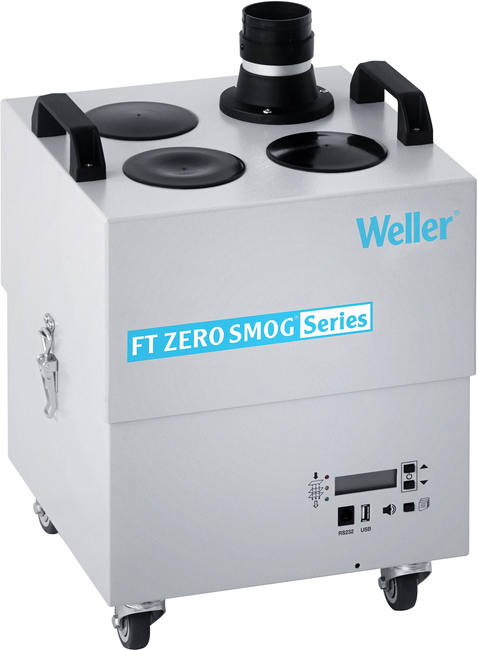 Mobilni sistem za filtriranje zraka z napisom 'FT ZERO SMOG Series' podjetja Weller, primeren za zmanjševanje onesnaževal v zraku.