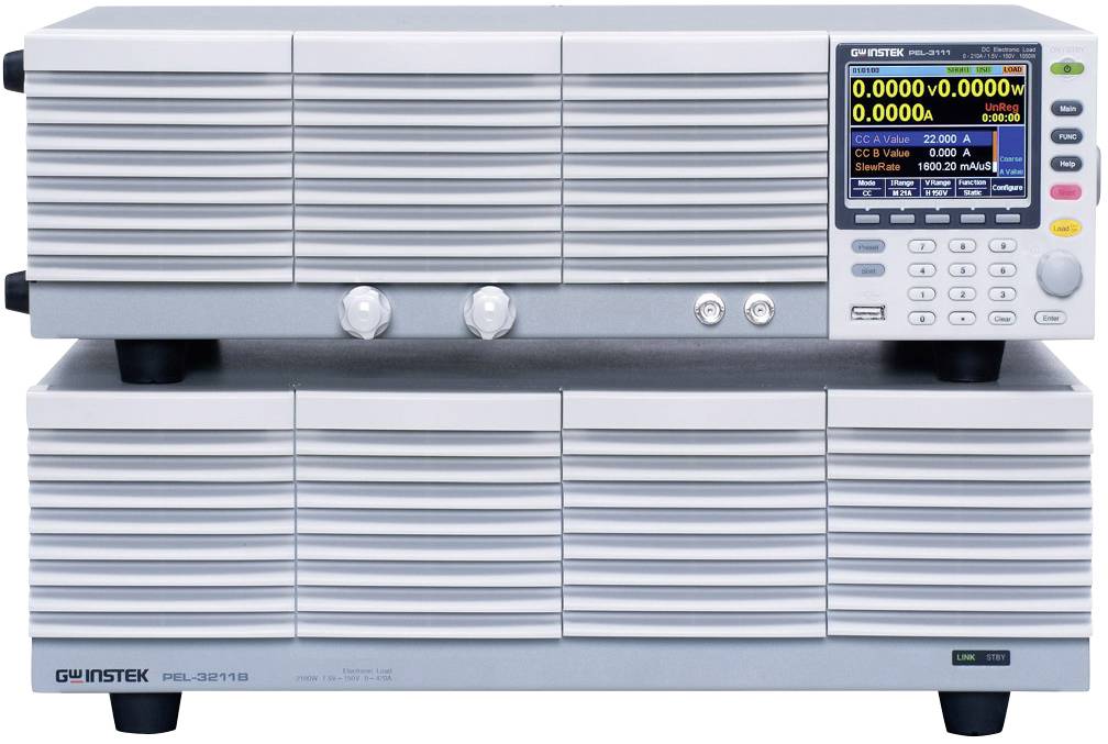 'GW Instek PEL-3211E precizijski elektronski bременski upor z digitalnim prikazom, ki prikazuje vrednosti napetosti in toka. Uporablja se za meritve in kalibracijo naprav.'