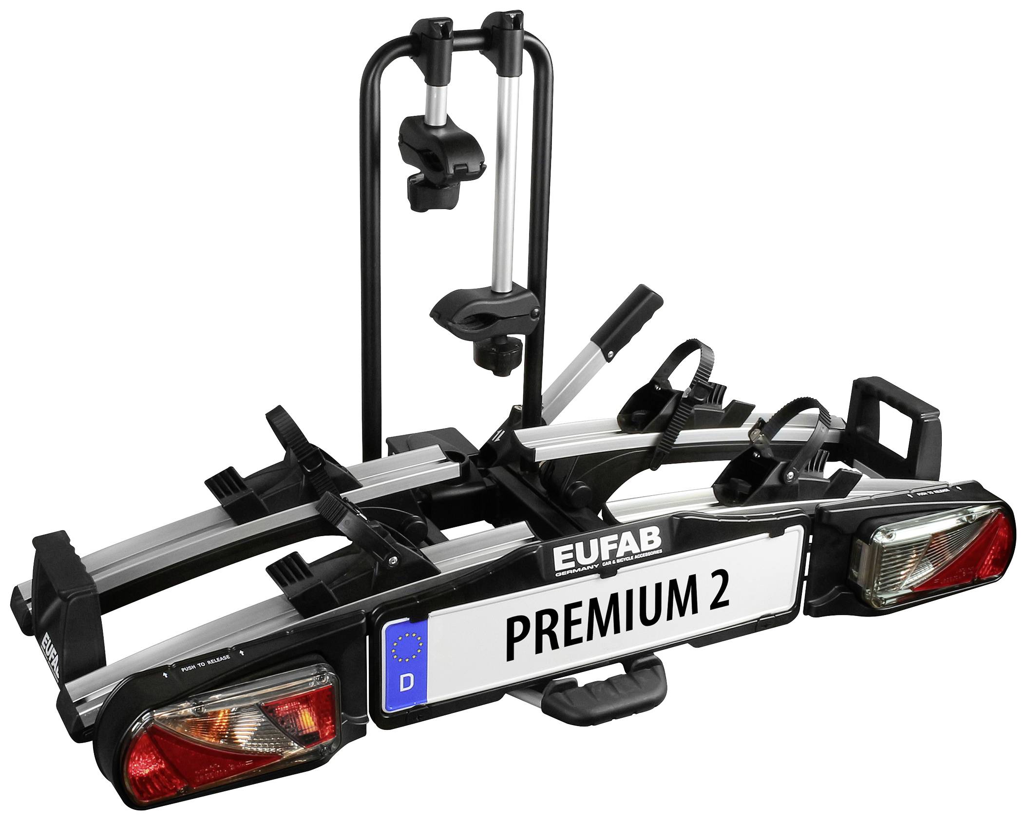 Nosilec koles na zadnji strani vozila, pritrjen na vlečno kljuko. Znamka 'EUFAB', model 'Premium 2'.