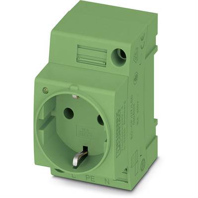Zelena vtičnica za montažo na DIN letev, 10 A, 250 V. Primerna za industrijsko uporabo, opremljena s priključnimi sponkami in zaklepanjem.