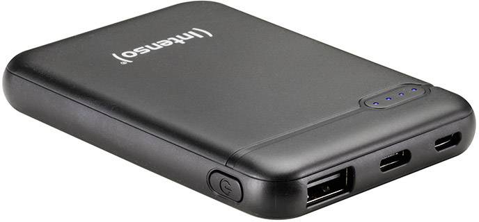 Črna polnilna baterija (powerbank) znamke Intenso z LED indikatorjem polnjenja, USB priključkom in USB-C priključkom. Leži na beli podlagi.