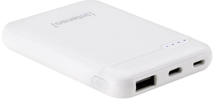 Bela prenosna powerbank z USB priključkom in indikatorjem stanja napolnjenosti. Vidno blagovna znamka 'Intenso'.