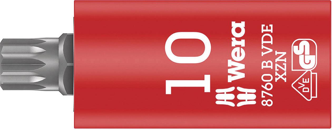 Rdeč vtični ključ z napisom 'Wera 8760 B VDE XZN' in '10'. Prikazuje logotip VDE certifikacije.