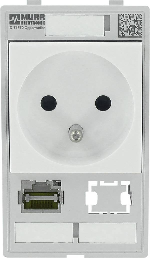 'Bela stenská vtičnica z RJ45 priključkom podjetja Murr Elektronik, model D-71570. Vsebuje QR-kodo in polja za priklop podatkovnega kabla.'