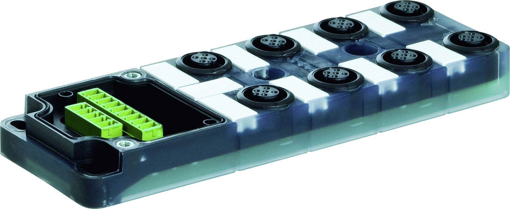 Pravokotna elektronska naprava z več režami in zelenimi priključki, namenjena povezovanju kablov.