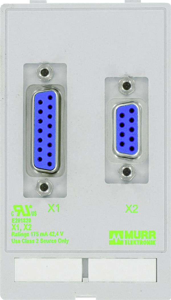 'Elektronski komponenti z dvema modrima pravokotnikoma priključkoma, levo X1, desno X2, podjetja Murr Elektronik.'