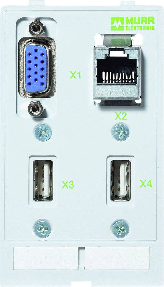 Zadnja stran elektronske naprave s priključki: zgoraj levo VGA-priključek, zgoraj desno Ethernet-priključek, spodaj dva USB-priključka.