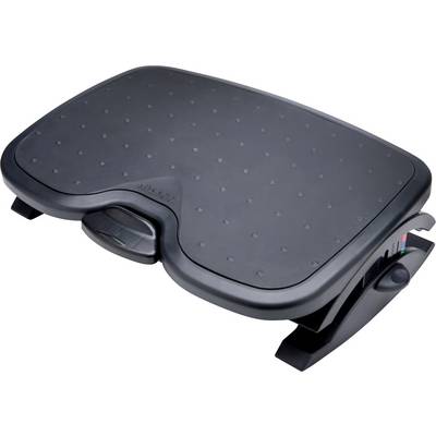Črna, kontučirana opora za noge z nastavljivo višino in naklonom. Oblikovana za ergonomsko podporo na delovnem mestu.