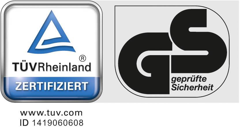 Logotip 'TÜV Rheinland CERTIFICIRAN' poleg znaka 'GS preizkušena varnost' z www.tuv.com in ID 1419060608.