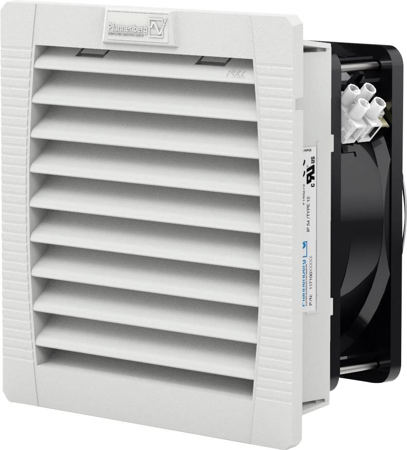 Ventilatorski sklop s sivim ohišjem in prezračevalnimi režami; prikazuje tehnično napravo za prezračevanje ali hlajenje.