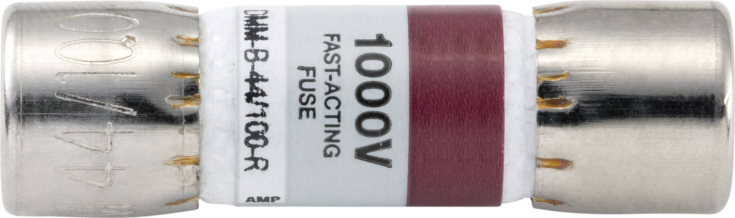 Varovalka z napisom '1000V Fast-Acting Fuse', nakazuje na visoko napetost in hitro odzivnost.