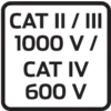 "CAT II/III 1000 V / CAT IV 600 V" napis na črni podlagi, prikazuje varnostno in napetostno oceno za električne naprave.