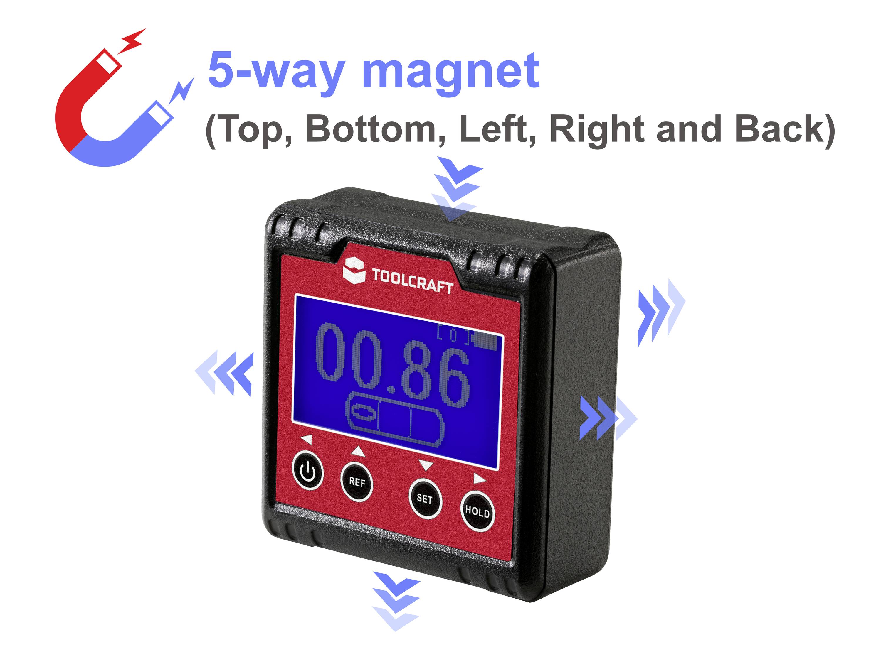 Digitalni merilnik nagiba z 5-smernimm magnetom za pritrjevanje. Na zaslonu prikazuje vrednost 0,86.