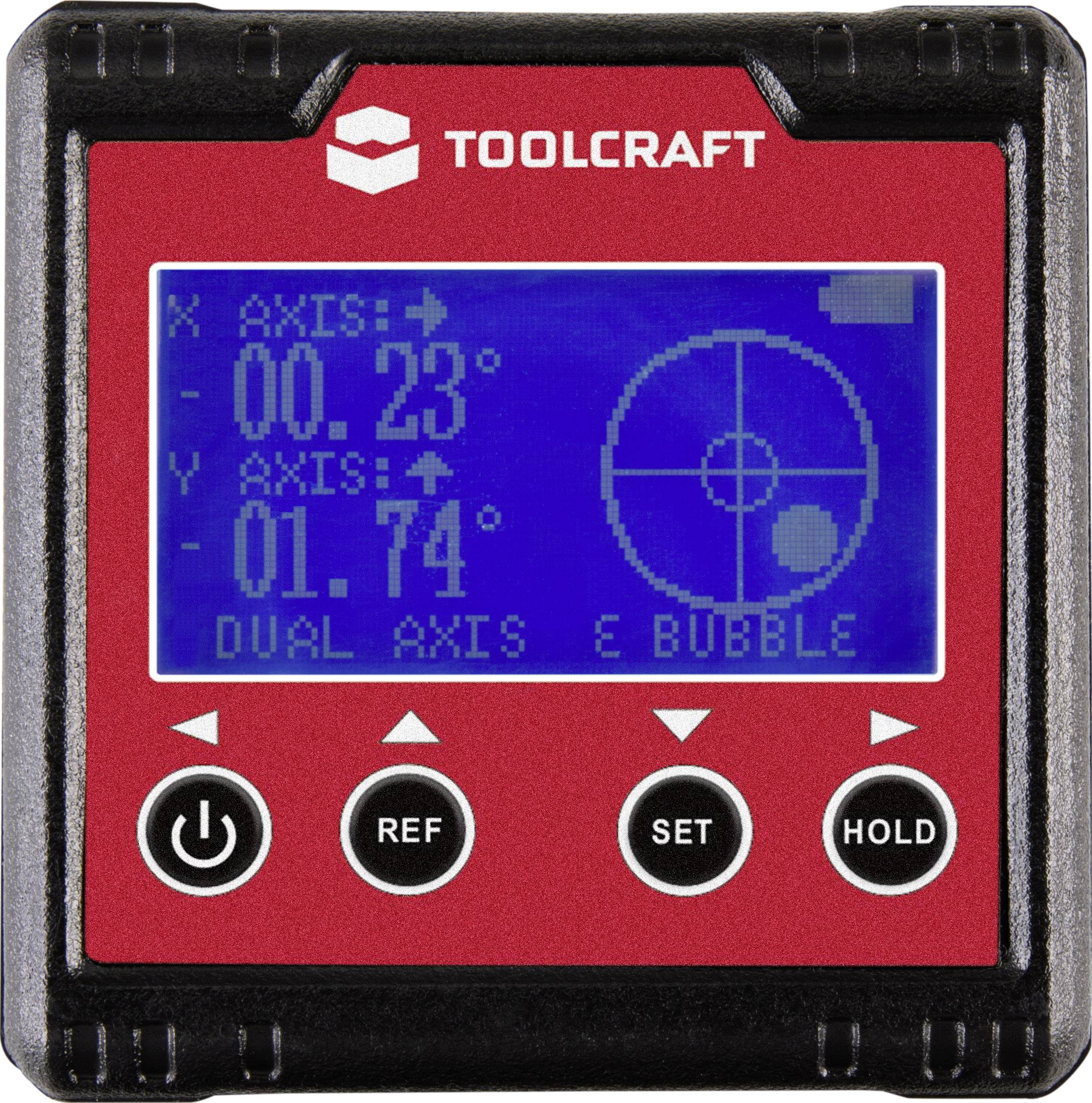 Digitalni merilec nagiba z rdečo-modrim prikazovalnikom kaže nagib X-osi 0,23° in Y-osi 1,74°. Gumbi: REF, SET, HOLD. Znamka: Toolcraft.