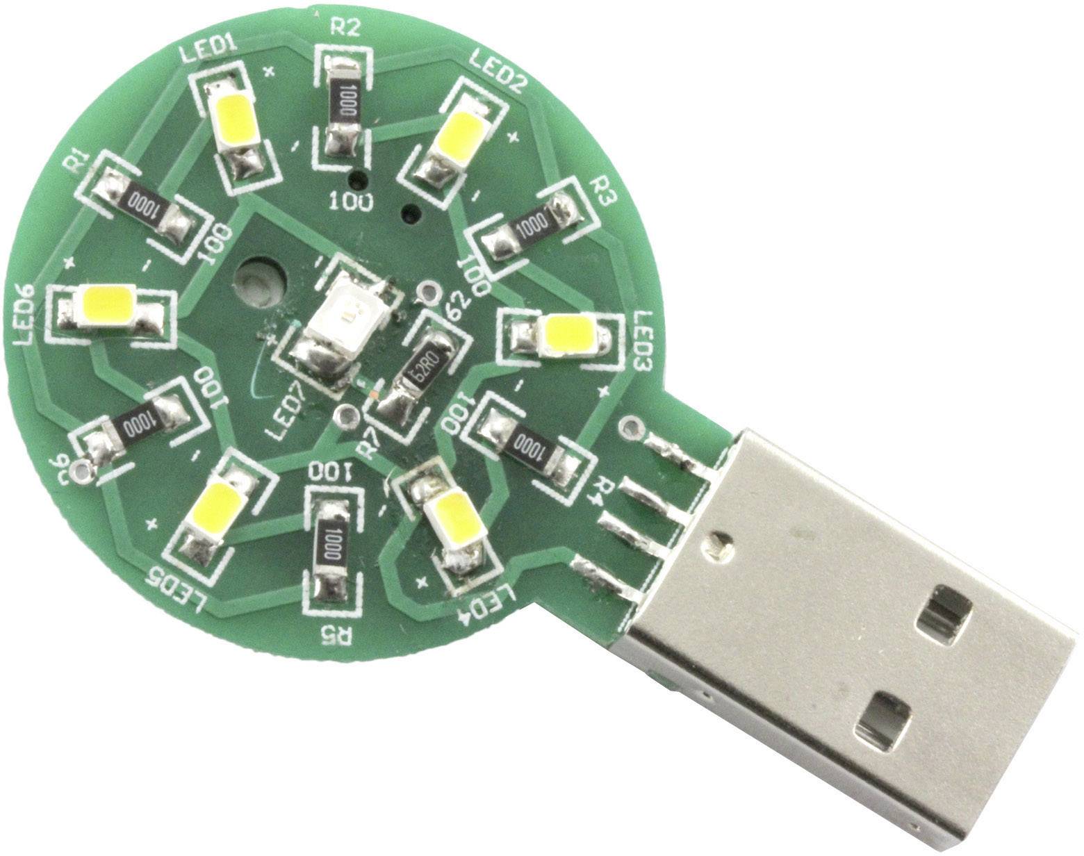 Okrogel, zelen USB LED-modul z več majhnimi LED-diodami in elektronskimi komponentami na tiskanem vezju. Primeren za osvetljevanje.