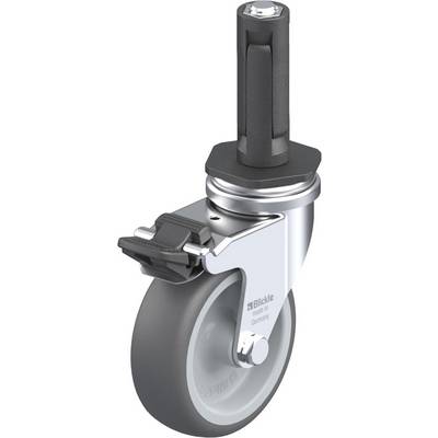 Kolo iz sivega plastičnega materiala s črnim zavornim pedalom in cilindričnim gredljem. Primerno za pohištvo ali lažje premikanje naprav.