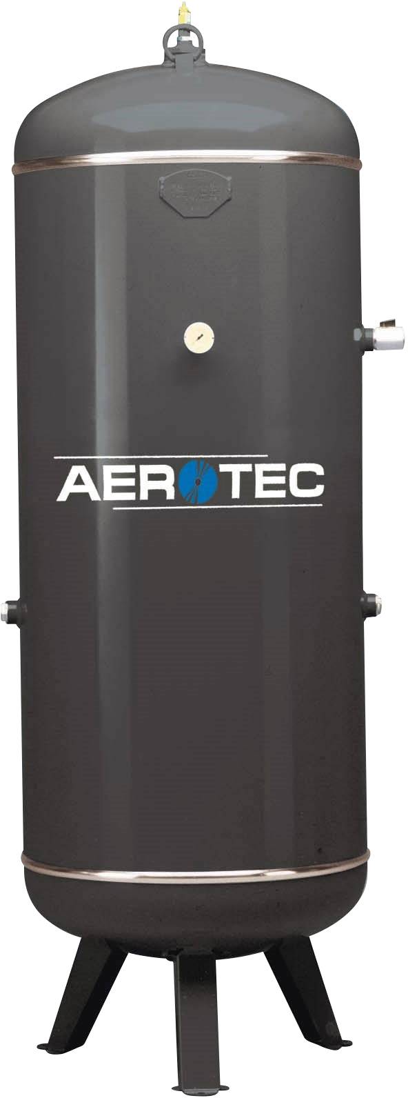 Črn vertikalen zbiralnik komprimiranega zraka s tremi podpornimi nogami. Napis 'AEROTEC' v beli in modri barvi.