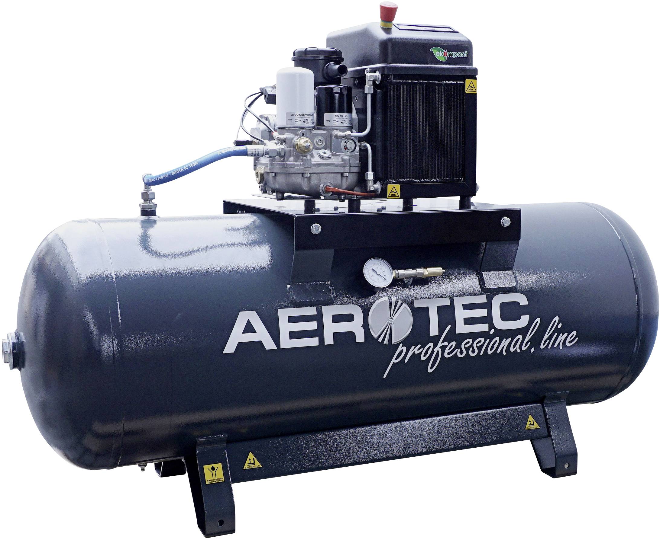 Črni industrijski batni kompresor znamke Aerotec, model 'professional line', z manometrom in hladilnim sistemom.