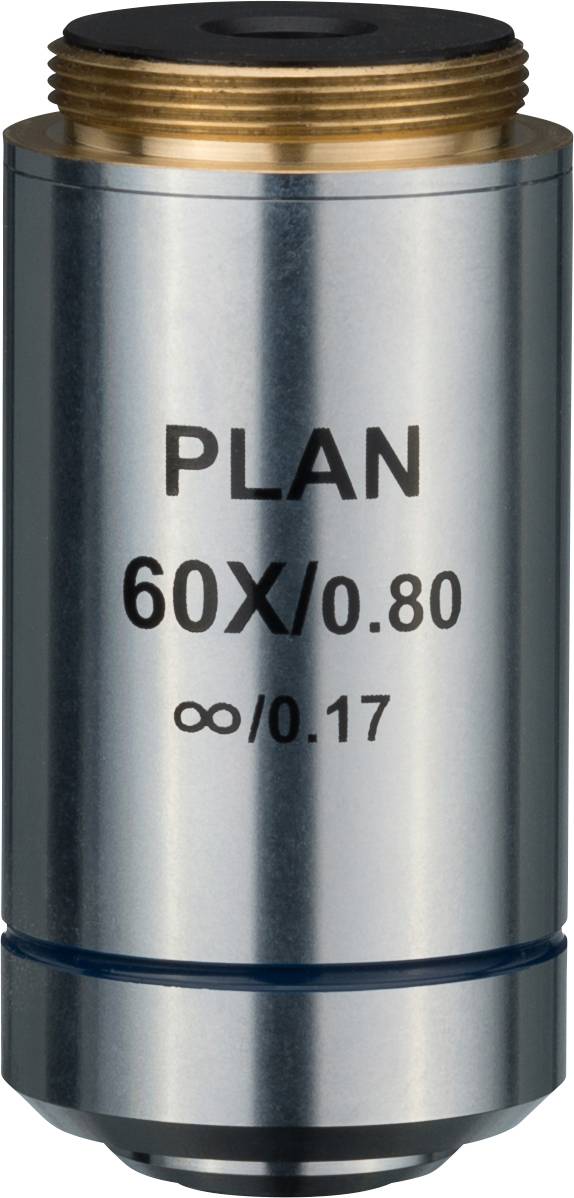 Mikroskopski objektiv z napisom 'PLAN 60X/0.80', primeren za podrobne povečave v znanstvenih apliciranih raziskavah.