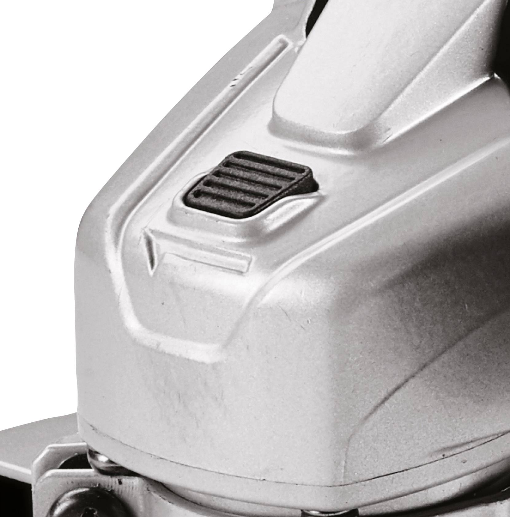 Srebrno naprava z črnim pravokotnim gumbom, verjetno del orodja ali stroja.