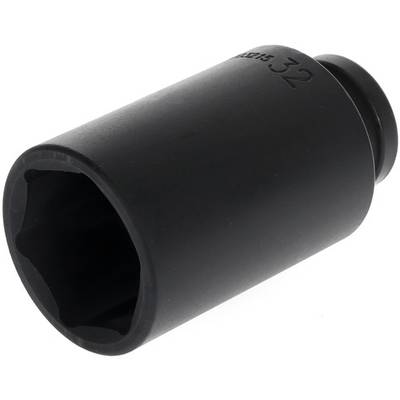 Črn šestkotni nasadni ključ z vgraviranim napisom '32 mm' na zgornji strani. Uporablja se za mehanska dela.