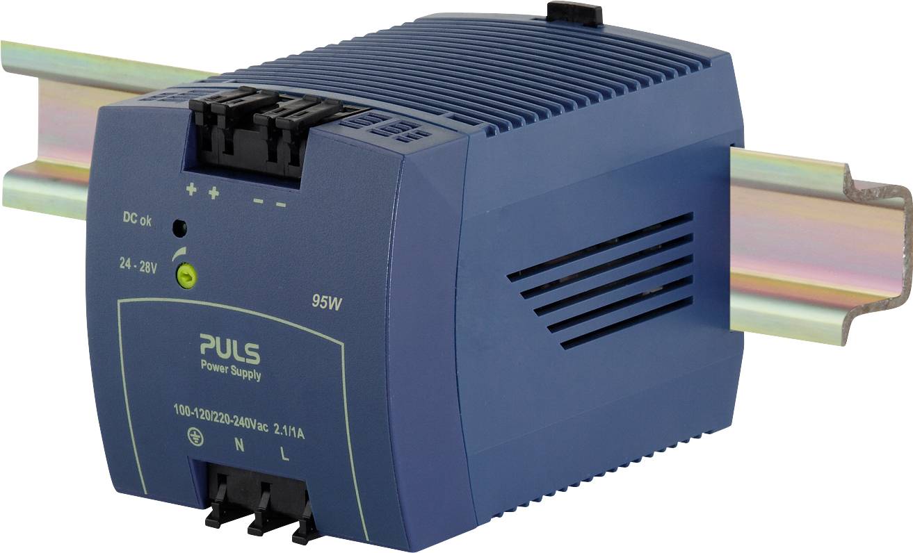 Modra pulzna napajalna enota z 95 W moči, nameščena na DIN letev, primerna za 24-28 V enosmernega toka z LED indikatorji.