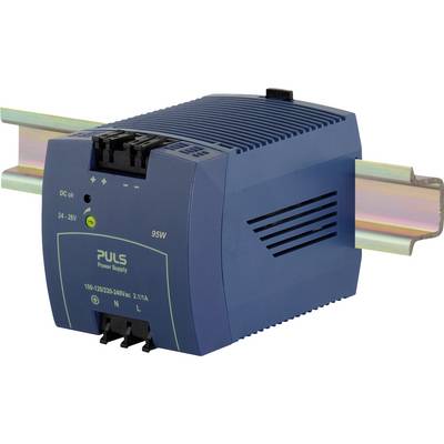 Modra pulzna napajalna enota z 95 W moči, nameščena na DIN letev, primerna za 24-28 V enosmernega toka z LED indikatorji.