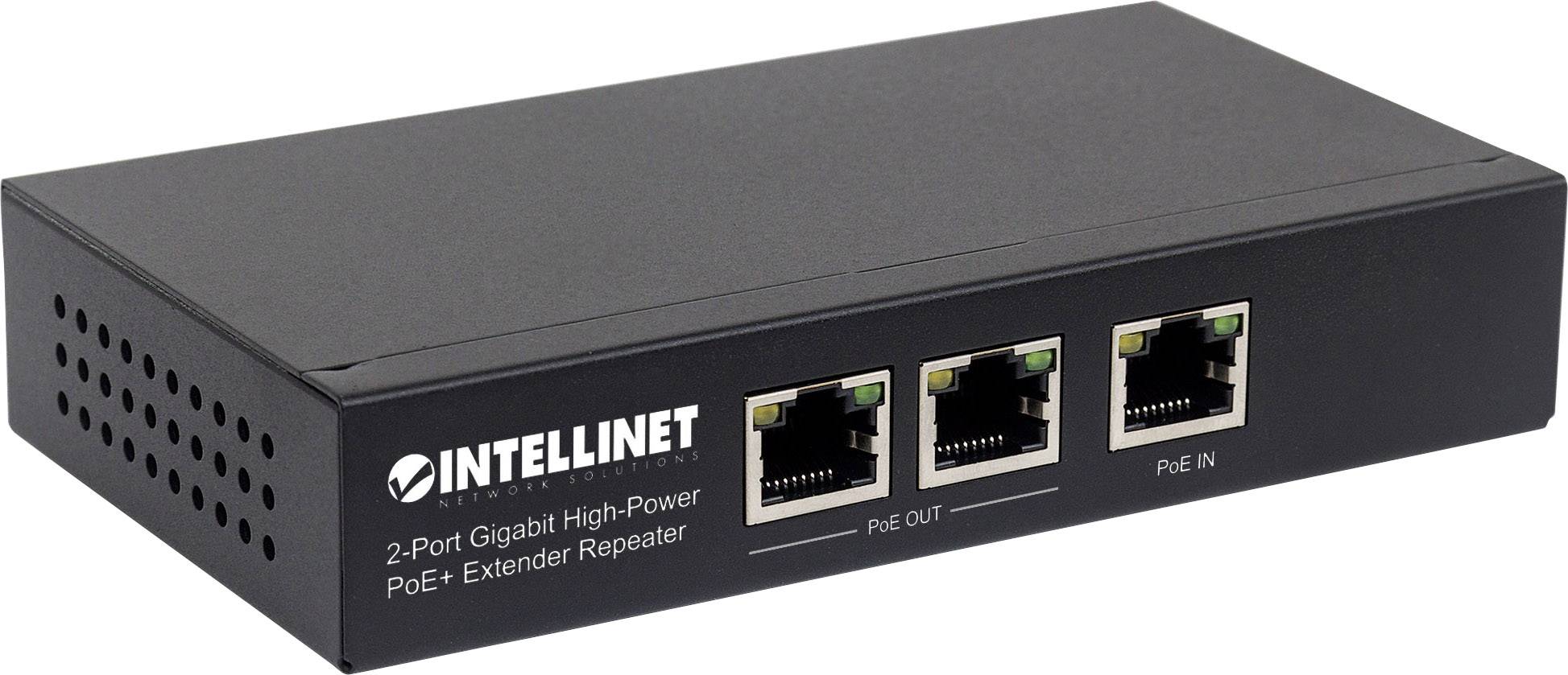 Črn Intellinet 2-portni Gigabit PoE+ ojačevalnik-repetitor s tremi ethernetnimi priključki na sprednji strani.