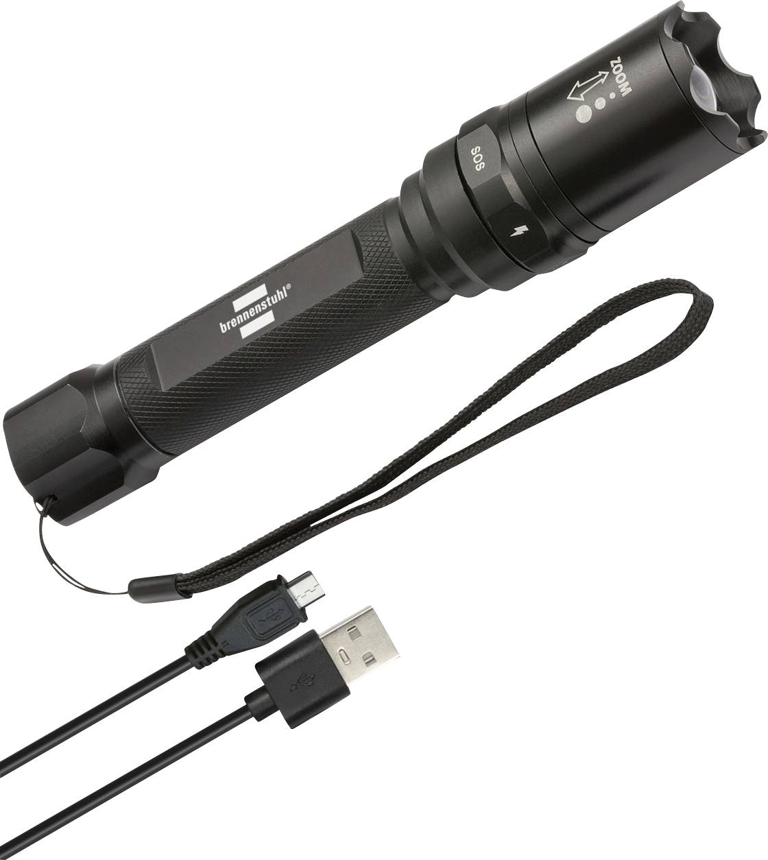 Črna polnilna svetilka z zapestnico in kablom za polnjenje prek USB-a, prikazana na belem ozadju.