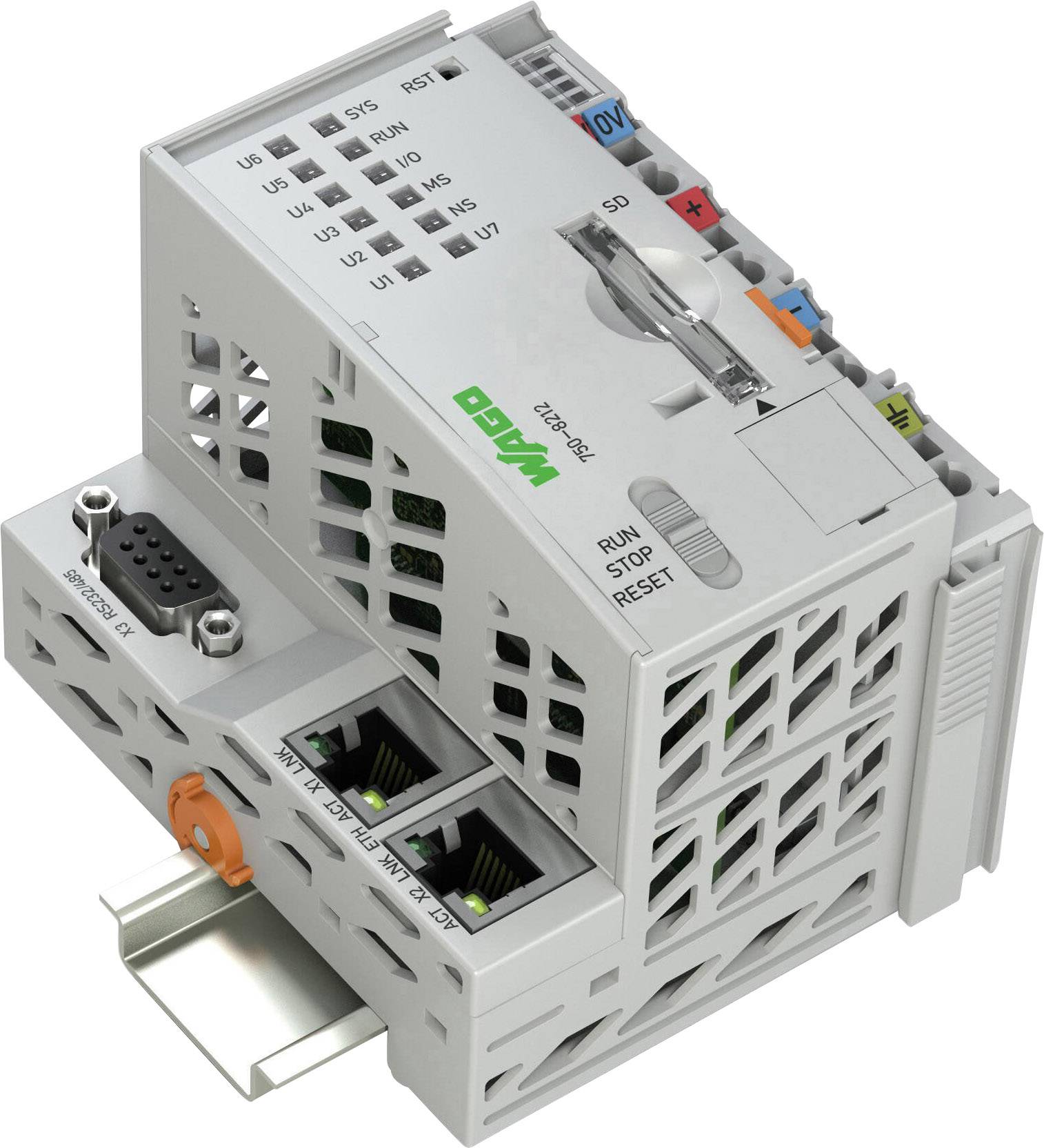 WAGO I/O-krmilnik, nameščen na DIN letev, z Ethernet in serijskima vmesnikoma, primeren za industrijsko avtomatizacijo.