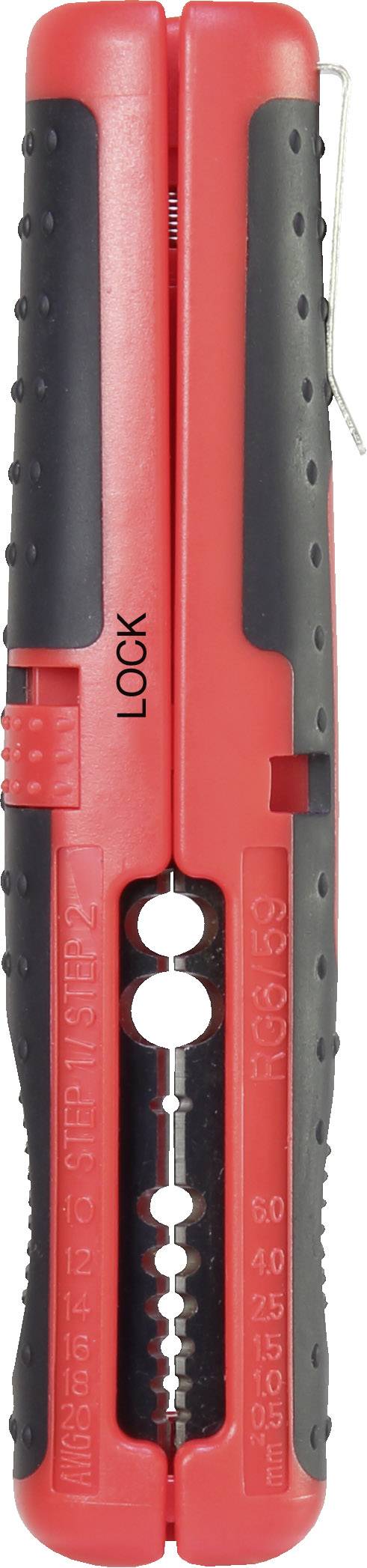 Rdeč žični rezalnik z črnim ročajem v zaklenjeni poziciji. Na sprednji strani napis 'LOCK'.