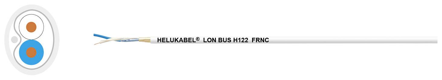 Prikazuje Helukabel, LON BUS H 1X2 FRNC, namenjen podatkovnim prenosom. Prerez s konstantno dvema žilama v modri in oranžni izolaciji je razviden.