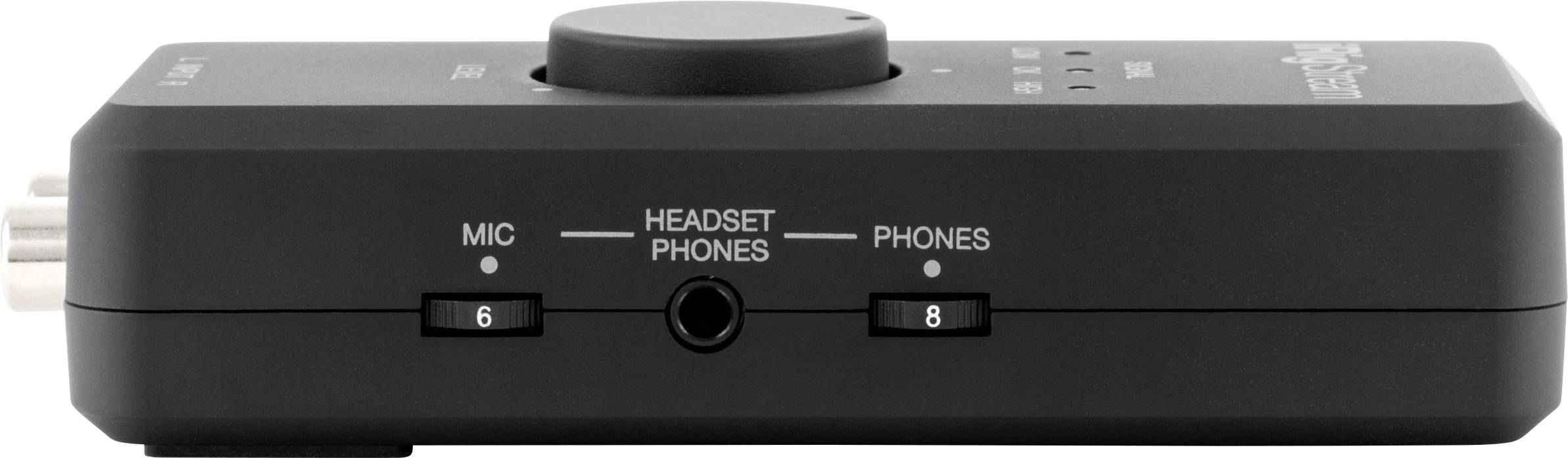 Črn avdio mešalnik z priključki za mikrofon in slušalke. Oznake za glasnost so vidne.