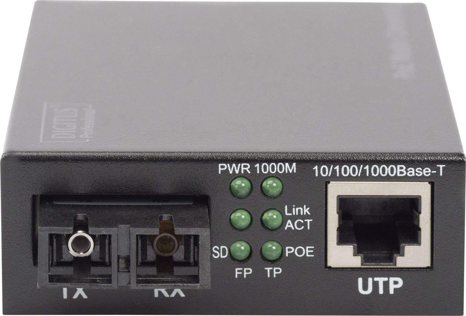 Medijski pretvornik s priključki za optična vlakna (levo) in Ethernet (desno). LED-lučke prikazujejo status napajanja in aktivnosti.