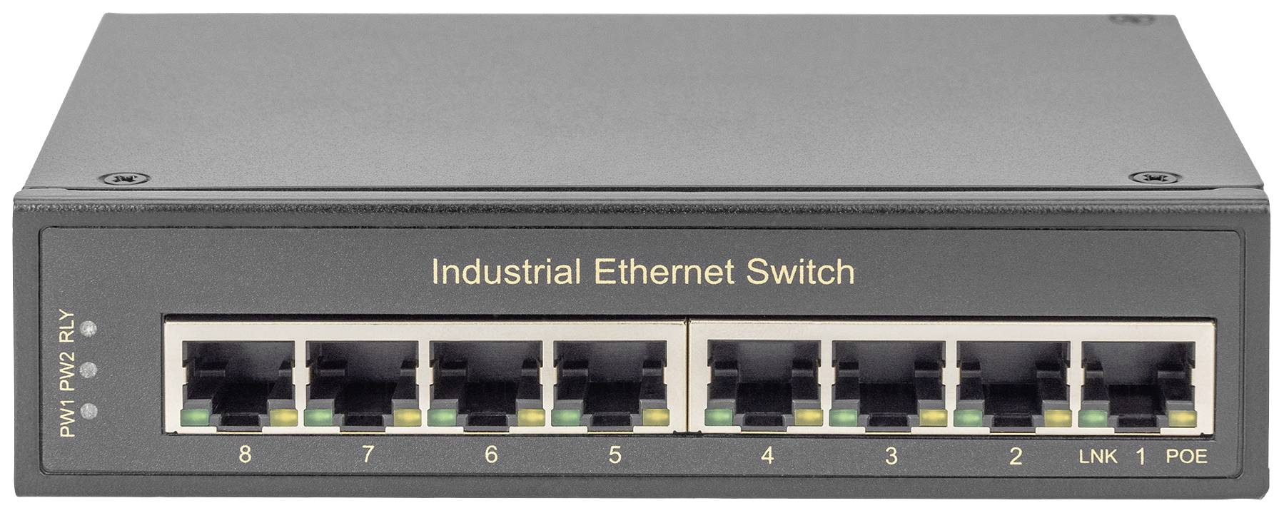 Industrijski Ethernet stikalo z osmimi Ethernet vrati, označeno z 'Industrijski Ethernet Switch'. Primerno za industrijska omrežja.