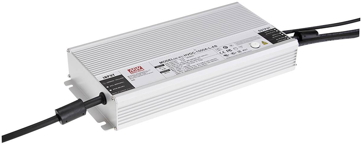 Pravokotna elektronska naprava z napisom 'MEAN WELL'. Ima rebrasto ohišje in več kabelskih priključkov.