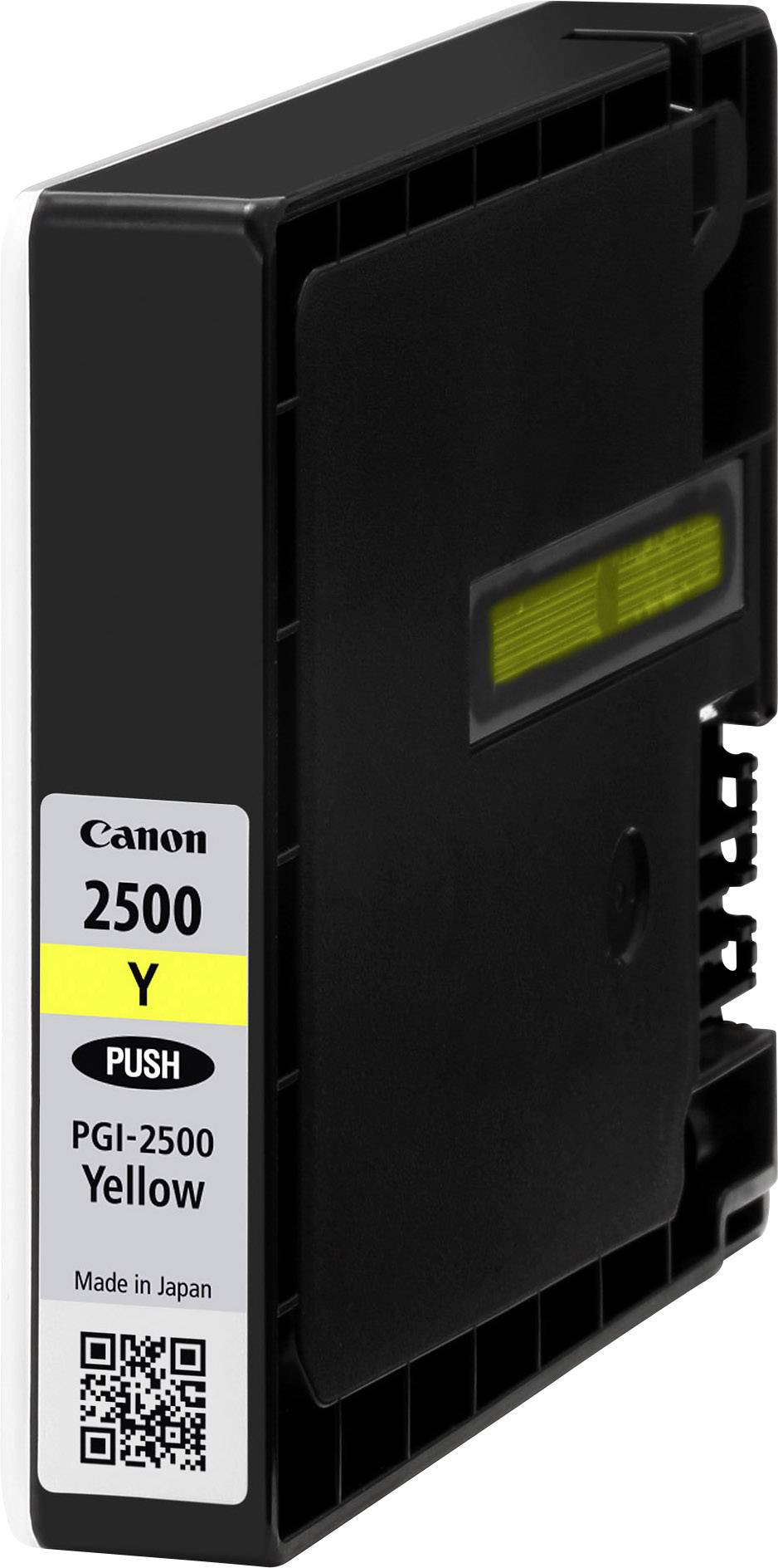Črn Canon črnilni vložek PGI-2500, rumen, s tipko 'PUSH', QR-kodo in napisom 'Made in Japan'.