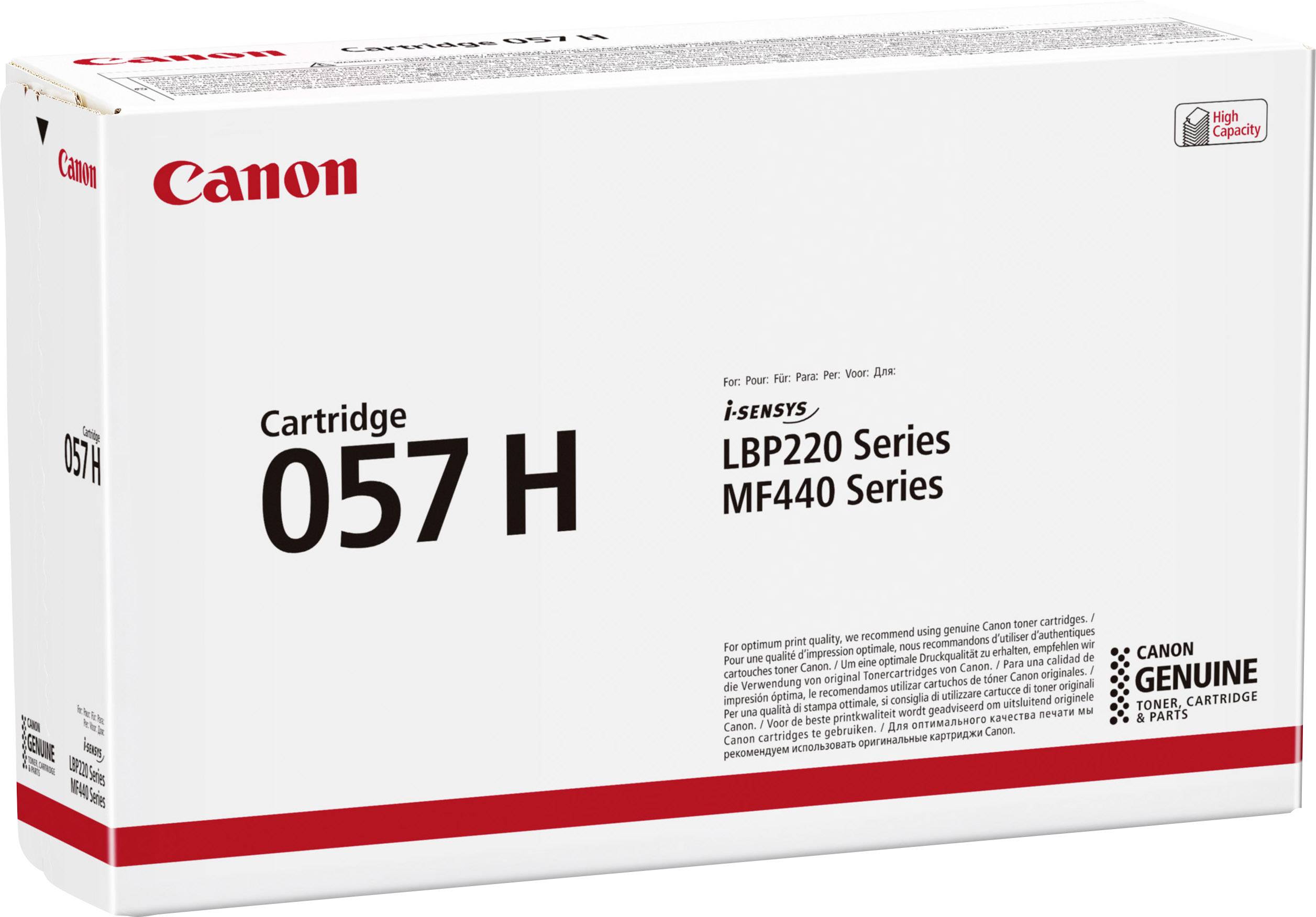 Tonerski kartuši Canon 057 H za seriji i-SENSYS LBP220 in MF440. Visoka zmogljivost, bela embalaža z rdečim logotipom Canon.