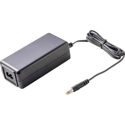 Črni napajalnik z priključnim kablom in vtičem, primeren za elektronske naprave, leži na beli površini.